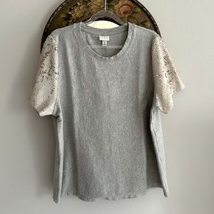 Gray cotton short sleeve T type top w/ gold sequin sleeves. Very good condition